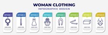 Infographic Template With Icons And 8 Options Or Steps. Infographic For Woman Clothing Concept. Included Necklace, Zip, Lace Dress With Belt, Parfum, Hair Wig, Hair Clip Tool, Rectangular, Bikini