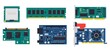 © Tartila - Electronic PCB. Electric circuit board with memory chip, conductor and semiconductor components. Vector microcontroller hardware set