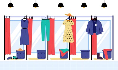 Wall Mural - Shop dressing room. Clothing and shoe store empty dressing rooms with mirrors and curtains. Vector illustration