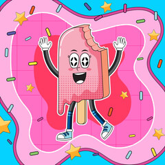 Canvas Print - Ice cream cartoon character with retro background