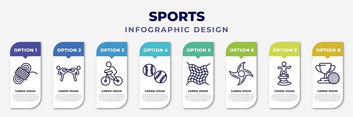 infographic template with icons and 8 options or steps. infographic for sports concept. included climbing with rope, two judo fighters, bicycle rider, baseball ball, fishing net, ninja shuriken, man