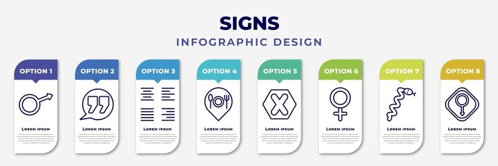 infographic template with icons and 8 options or steps. infographic for signs concept. included male, quotes, alignment, restaurant, gross dark cross, female, snake, male gender editable vector.