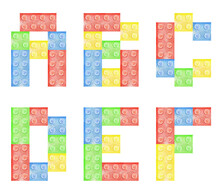 Watercolor Colorful Letters A B C D E F Of Alphabet From Plastic Building Bricks On White Background