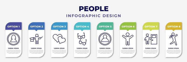 infographic template with icons and 8 options or steps. infographic for people concept. included woman profile, magician boy, two hearts, couple of glasses, male users, man celebrating, man knocking