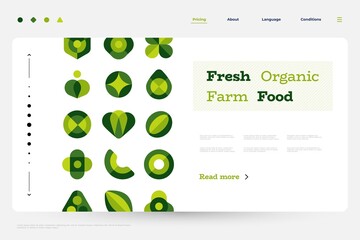 Organic food landing. Web page template with flat geometric abstract shapes, minimalist green plants and fresh food forms. Vector illustration