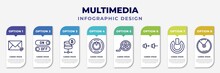 Infographic Template With Icons And 8 Options Or Steps. Infographic For Multimedia Concept. Included Mailed, Switches, Bitcoin Storage, On Button, Roll, Volume Control, Power On Button, Compact Disc