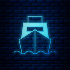 Glowing neon Cargo ship with boxes delivery service icon isolated on brick wall background. Delivery, transportation. Freighter with parcels, boxes, goods. Vector