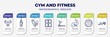 © IconArt - infographic template with icons and 8 options or steps. infographic for gym and fitness concept. included bodybuilder, fitness tracker, fitness food, locker, running treadmill, steroids, ball,