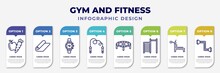 Infographic Template With Icons And 8 Options Or Steps. Infographic For Gym And Fitness Concept. Included Carrot And, Mat For Fitness, Training Watch, Skipping Rope, Trampoline, Tightening Bar,