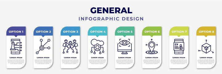 infographic template with icons and 8 options or steps. infographic for general concept. included ecommerce strategy, advertising networks, hr strategy, cloud service, computer vision, coordinate,