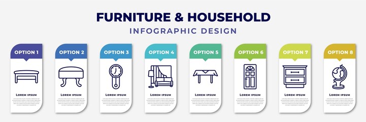 Wall Mural - infographic template with icons and 8 options or steps. infographic for furniture & household concept. included bench, footstool, wall clock, living room, table linens, door, night stand, globe