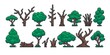 Pixel tree trunk. Retro 8 bit video game sprite asset, green trees old dry stump trunk and log game interface objects. Vector isolated set