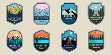 Set Of Outdoor Wildlife Emblem Logo Vector Illustration Template Icon Graphic Design. Bundle Collection Of Various Adventure Mountain Cabin Forest Sign Or Symbol For Business Travel