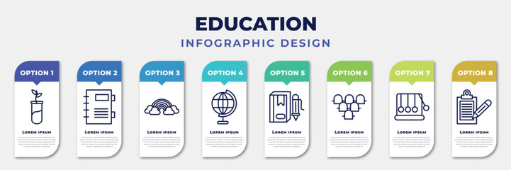 Sticker - infographic template with icons and 8 options or steps. infographic for education concept. included plant sample, agenda with bookmarks, basic rainbow, classroom globe, book with marker, grandstand,