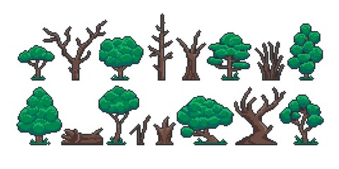 pixel tree trunk. retro 8 bit video game sprite asset, green trees old dry stump trunk and log game 