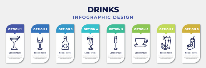 Wall Mural - infographic template with icons and 8 options or steps. infographic for drinks concept. included flirtini, glass with wine, liquor, tropical itch, french 75, espresso, greyhound drink, tomato juice
