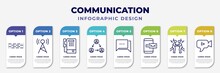 Infographic Template With Icons And 8 Options Or Steps. Infographic For Communication Concept. Included Morse Code, Radio Antenna, Public Phone, People Connection, Talking, Mobile With Envelope,