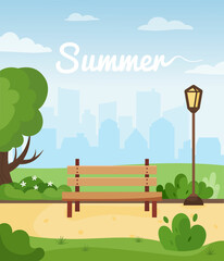 Summer cityscape with bench, lantern, path, tree, bushes and city skyline. Summer landscape postcard, poster. Vector illustration in flat style