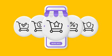 Shopping Cart Set Icon. Check Mark, Star, Dollar, Money, Percentage, Protection. Order Concept. UI Phone App Screens With People. Vector Line Icon For Business And Advertising