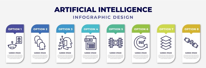 infographic template with icons and 8 options or steps. infographic for artificial intelligence concept. included geolocation, depth perception, available, xlsx, artificial intelligence, 360 degree,