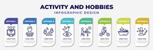 Infographic Template With Icons And 8 Options Or Steps. Infographic For Activity And Hobbies Concept. Included Collecting, Boy Reading, Camp, Bird Watching, Resting, Biking, Ball Pit, Magician