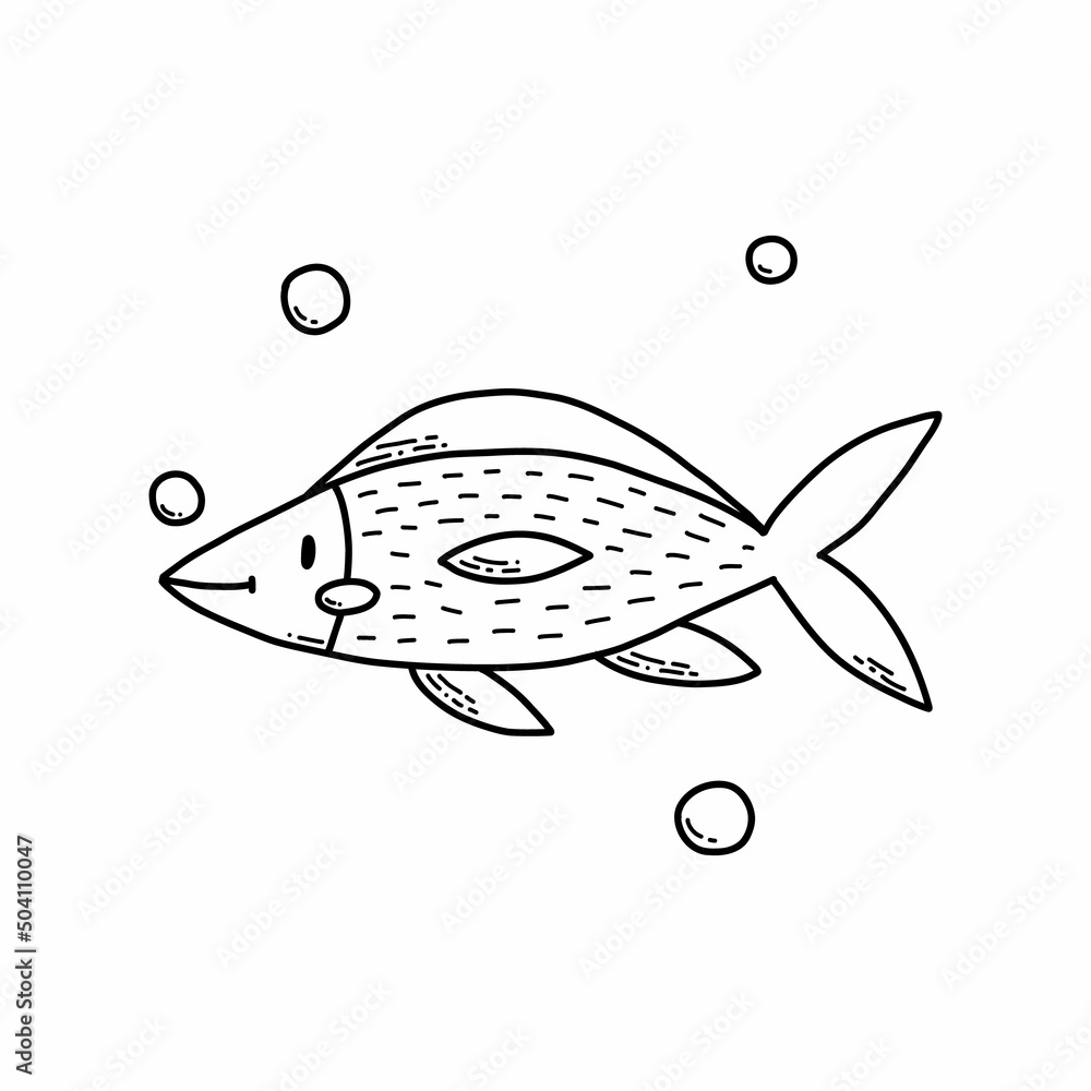 Cute doodle sea fish. Coloring page for kids. Vector illustration.