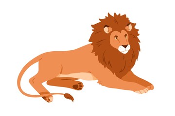 Poster - Jungle lion lying. Wild African feline animal relaxing. Male leo resting. Character with shaggy hairy head. Wildcat king. Flat vector illustration isolated on white background