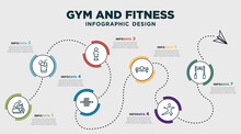 Infographic Template Design With Gym And Fitness Icons. Timeline Concept With 7 Options Or Steps. Included Riding Bicycle, Vegetables Juice, Boxing Mannequin, Gymnastic Roller, Push Up, Stretching