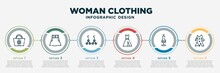 Infographic Template Design With Woman Clothing Icons. Woman Clothing Concept With 6 Options Or Steps. Included Female Handbag, Skirt Black Short, Dangling Earrings, Long Black Gown, Feminine