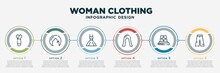 Infographic Template Design With Woman Clothing Icons. Woman Clothing Concept With 6 Options Or Steps. Included Sexy Female Dress, Shoulder Length, Vintage Dress, Female Long Hair, Sewing Thimble