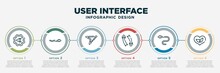 Infographic Template Design With User Interface Icons. User Interface Concept With 6 Options Or Steps. Included Back Drawn Arrow, Undulating Arrow, Navigation Arrow With Broken Line, Update Left