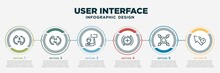 Infographic Template Design With User Interface Icons. User Interface Concept With 6 Options Or Steps. Included 5 Pp, 40 Fe, Industrial Action, Make, Expand Arrows, Wait Cursor. Can Be Used Web,
