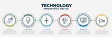Infographic Template Design With Technology Icons. Technology Concept With 6 Options Or Steps. Included Dish, Led Lamp, Wind Power, Microphone Mute, Screen Blank, Video Camera Side View. Can Be Used
