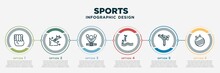 Infographic Template Design With Sports Icons. Sports Concept With 6 Options Or Steps. Included Man Threating With His Fist, Man Falling Off A Precipice, Boxer Belt, Swimming Jump, Karate Fighter,