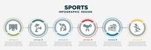 Infographic Template Design With Sports Icons. Sports Concept With 6 Options Or Steps. Included Hockey Goal, Ice Skating Man, Man Practicing High Jump, Weight Lifting, Swimming Figure, Skiing. Can