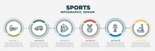 Infographic Template Design With Sports Icons. Sports Concept With 6 Options Or Steps. Included Scuba Diving, Drift Car, Windsurf Sea, Weight Lifting Medal, Sesei, Person Riding On Sleigh. Can Be