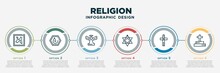 Infographic Template Design With Religion Icons. Religion Concept With 6 Options Or Steps. Included Nihilism, Asceticism, God, Judaism, Catholicism, Christian. Can Be Used Web, Info Graph, Flow