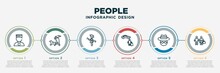 Infographic Template Design With People Icons. People Concept With 6 Options Or Steps. Included Man With Crown, Dog Trainer, Firefighter Working, Man Car And Suitcase, Hat And Glasses, Woman And Man