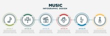 Infographic Template Design With Music Icons. Music Concept With 6 Options Or Steps. Included Eighth Note, Diapason, Clapperboard Play Button, Downloaded Music Cloud, Jack Connector, Acoustic