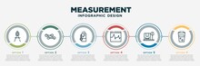 Infographic Template Design With Measurement Icons. Measurement Concept With 6 Options Or Steps. Included Open Compass, Two Dumbbells, Cup Temperature, Heart Meter, Cargo Scale, Cup Of Water. Can Be