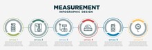 Infographic Template Design With Measurement Icons. Measurement Concept With 6 Options Or Steps. Included One Weight, Thermometer Fahrenheit And Celsius, Mini Scale, Small Angle Ruler, Laser Meter,