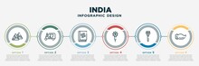 Infographic Template Design With India Icons. India Concept With 6 Options Or Steps. Included Samosa, Ricksaw, Vedas, Sparkler, Trisul, Biju Janata Dal. Can Be Used Web, Info Graph, Flow Chart.