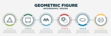 Infographic Template Design With Geometric Figure Icons. Geometric Figure Concept With 6 Options Or Steps. Included Triangle, Cylinder, Triangular Shapes Forming Waves, Foreground, Oval,
