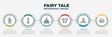 Infographic Template Design With Fairy Tale Icons. Fairy Tale Concept With 6 Options Or Steps. Included Wicked, Spear, Castle, Armor, Wizard, Dracula. Can Be Used Web, Info Graph, Flow Chart.