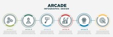 Infographic Template Design With Arcade Icons. Arcade Concept With 6 Options Or Steps. Included Spinner, Chess Piece, Selfie Stick, , Ferris Wheel, Dart. Can Be Used Web, Info Graph, Flow Chart.