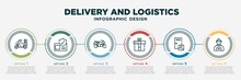 Infographic Template Design With Delivery And Logistics Icons. Delivery And Logistics Concept With 6 Options Or Steps. Included Delivery By Motorcycle, Delivered Box Verification, Motorbike, Gift,