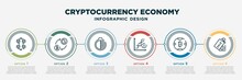 Infographic Template Design With Cryptocurrency Economy Icons. Cryptocurrency Economy Concept With 6 Options Or Steps. Included Blockchain, Proof Of Capacity, Tor, Function, Bitcoin, Sell. Can Be