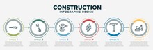 Infographic Template Design With Construction Icons. Construction Concept With 6 Options Or Steps. Included Retractable Trimming Knife, Spanner, Nail Gun, Floor, Boning Rod, Demolition. Can Be Used