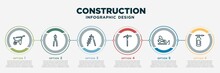 Infographic Template Design With Construction Icons. Construction Concept With 6 Options Or Steps. Included Wheelbarrow, Plier, Ladder, Hoe, Road Construction, Blowtorch. Can Be Used Web, Info