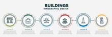 Infographic Template Design With Buildings Icons. Buildings Concept With 6 Options Or Steps. Included Arc De Triomphe, Buddhist Temple, Pagoda, Capitol Building, Washington Monument, Rapa Nui. Can
